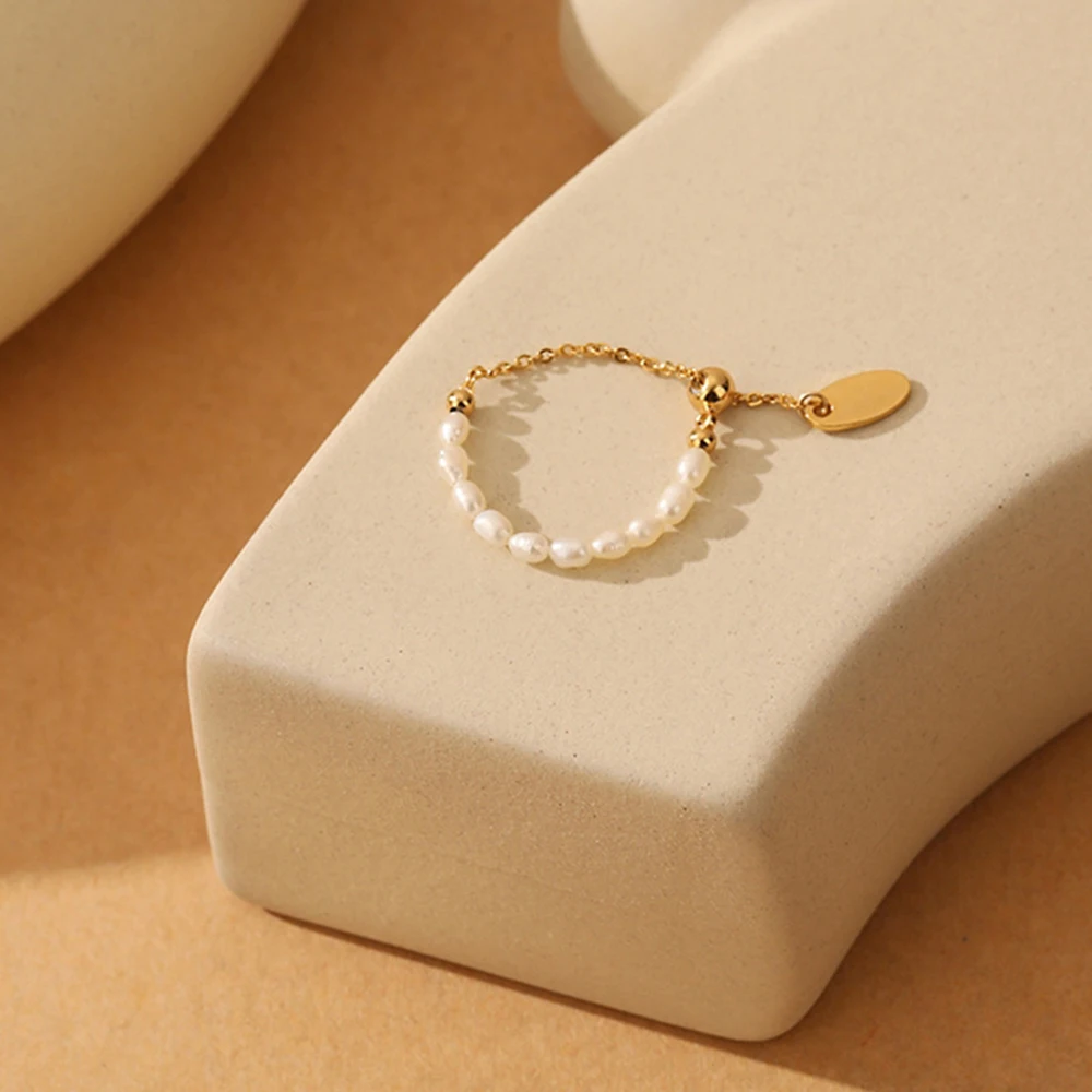 

French Simple Retro Pearl Chain Pull Adjustment Gold Color Rings Girl's New Elegant Accessories Fashion Finger Jewelry For Women