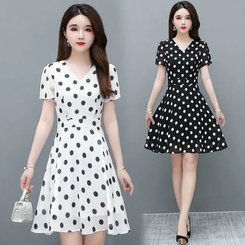 

Polka Dot Dress 2022 New Summer Skirt Dig Size Fat Mm Slimming Waist High-end Temperament Covered Belly A-line