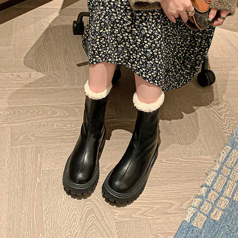 2023 New Winter Fur Women Boots Fashion Round Toed Back Zippers Simple Ladies Keep Warm Plush Short Casual Boots Zapatos Para