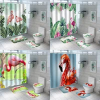 pink flamingo animal shower curtains set bathtub curtain tropical plant leaf toilet partition bath screen mat bathroom accessory