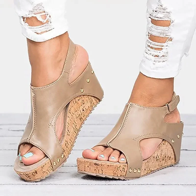 

The New Casual Wedge Sandals Women Summer 2023 Fashion Elegant Non-slip Platform Heels Rubber Sole Buckle Peep Toe Roman Shoes