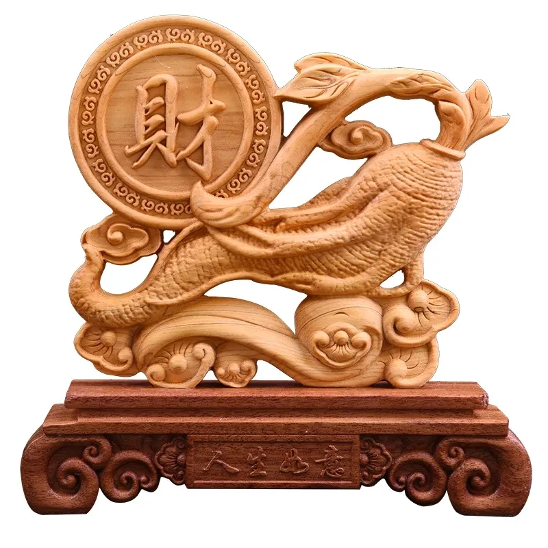 

20CM Ginseng Longevity Sculpture Wood Carving Double Sided Carved Hollow Home decors Arts and Crafts Renshen statue