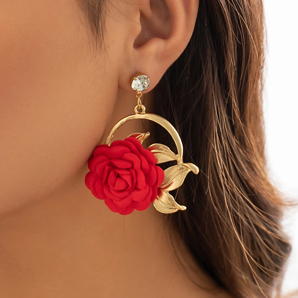 

9 Colors Boho Colorful Big Rose Flower Drop Earrings for Women Korean Fashion Rhinestone Petal Crystal Earrings Y2K Accessories