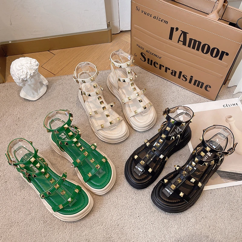 

Thick Platform Heel Fashion Rivet Muffin One-word Buckle Strap Increase Lightweight Comfortable Non-slip Beach Women Sandals