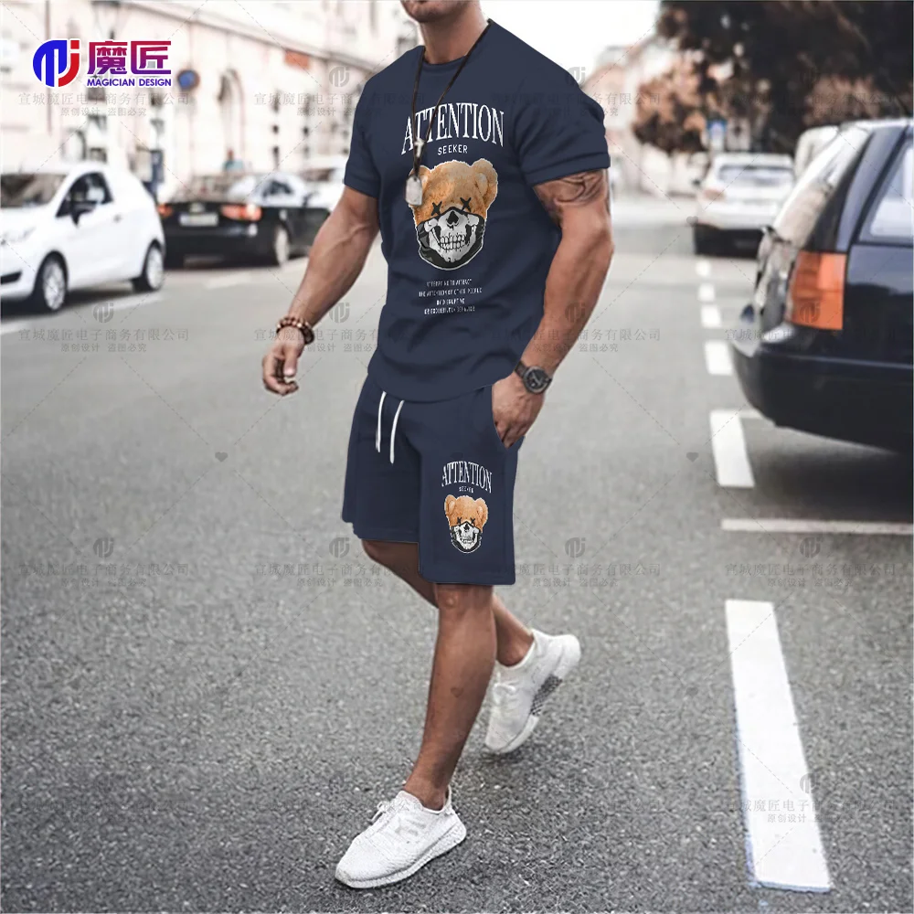 2023 Funny Teddy Bear T-Shirt Cool Robot Graphic Tops Harajuku Cartoon Street Men's Casual Fashion Shorts Set Roupas Men