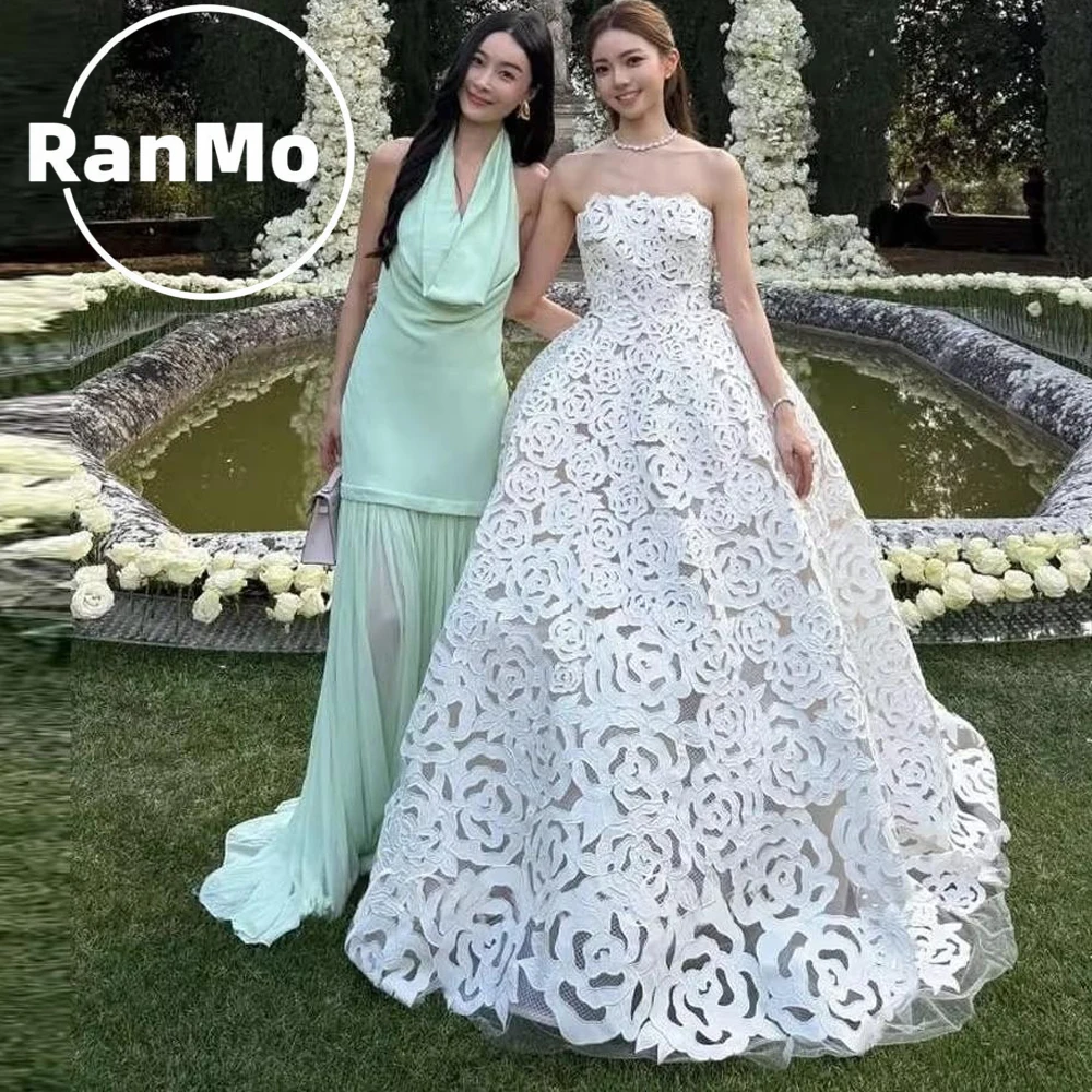 Фото Сексуальное свадебное платье Ranmo без бретелек, полностью кружевное, силуэт А-силуэта, современные свадебные платья, индивидуальный пошив, застежка-молния сзади, Robe De Mariage. №1