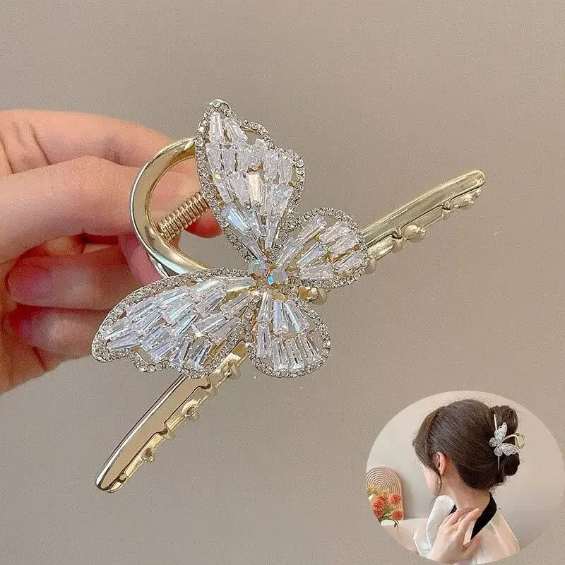 

New Large Shark Clip Metal Butterfly Hair Claw Women Rhinestone Hairpin Dish Up Hair Clips Gripper Claws Ponytail Claw