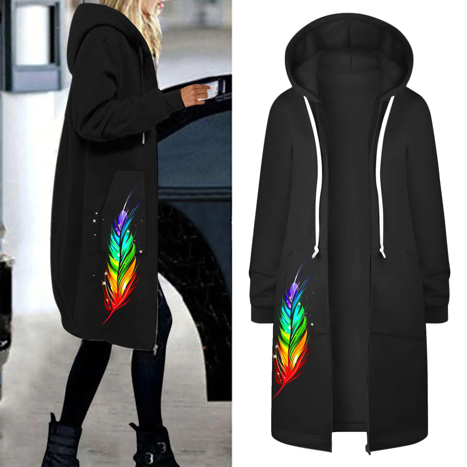 

Женское пальто средней длины с цветочным принтом, длинным рукавом и молнией