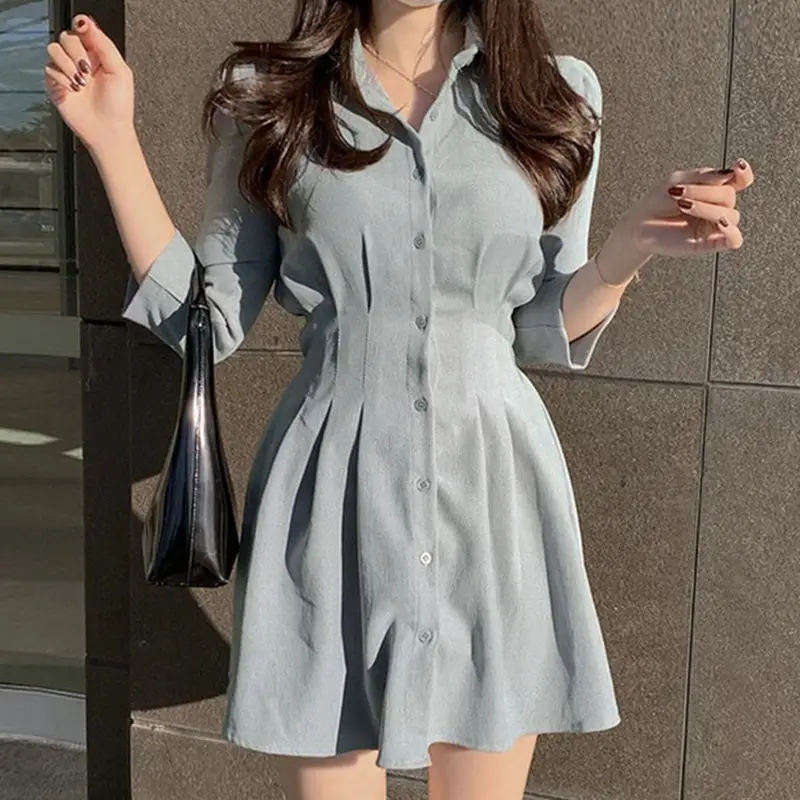 

Dresses For Women Vestidos Chic Turn Down Collar Long Puff Sleeve Tunic Mini Dress Sweet Solid Single Breasted Slim A-line Dress