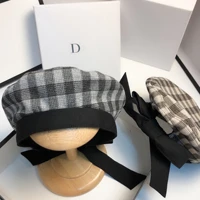 new winter beret plaid hats for women french berets fashion girl houndstooth with adjustable rope retro painter hat female