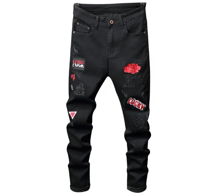 

Black/White Men Middle Waist Embroidered Jeans Pants Stretchy Winter Autumn Denim Pencil Pants Letter Print Badge Trousers Jb154
