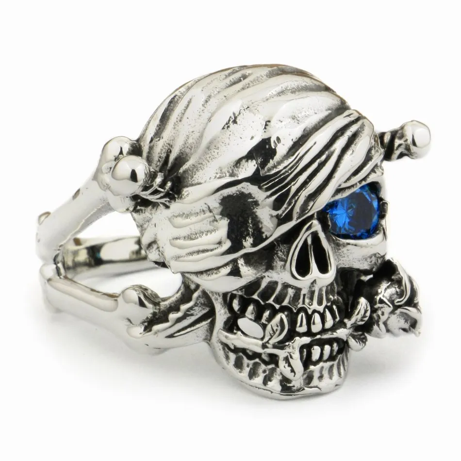 Синий CZ Stone 925 пробы Серебряная роза пиратское кольцо с черепом Biker Rock Punk Style 9W101 US