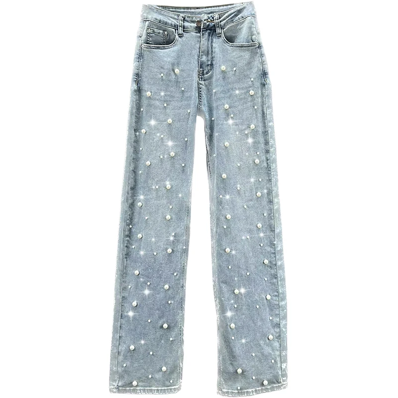 Women's Mop Trousers 2023 New Spring High Waist Loose and Slim Straight Jeans Heavy Industry Beads Wide Leg Denim Pants