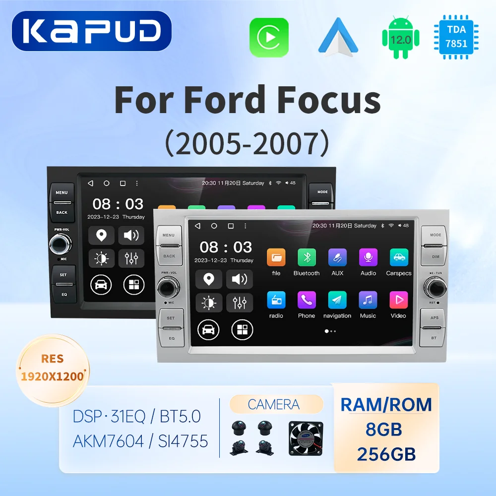 Мультимедийная магнитола Kapud 8 дюймов Android 12 для Ford Focus 2 Kuga Fiesta Mondeo C-Max Carplay AUTO BT GPS