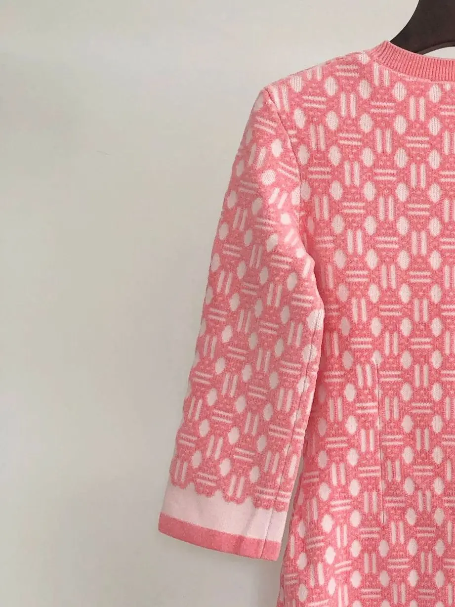 French New Women Geometric Pattern Knit Dress Three Quarter Sleeve 2023 Early Spring Lady All-Match O-Neck Slim Mini Robe