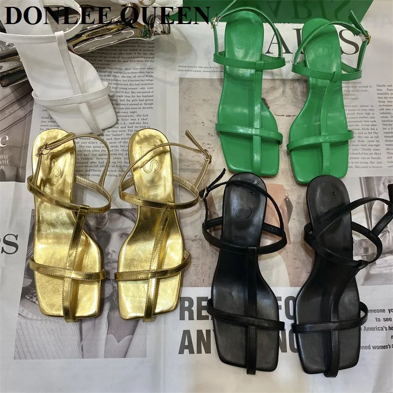 

New Summer Women Sandals Fashion Golden Med Heel Shoes Brand Narrow Band Ankle Strap Rome Sandal Female Flip Flops 2022 Sandalia