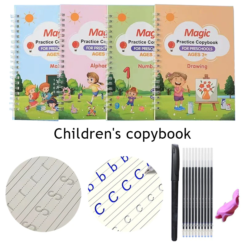 

4Pcs Magic Copybooks Children's Toy Writing Reusable Free Wiping English Maths Drawing Children's Toy Writing Practice Copy Book