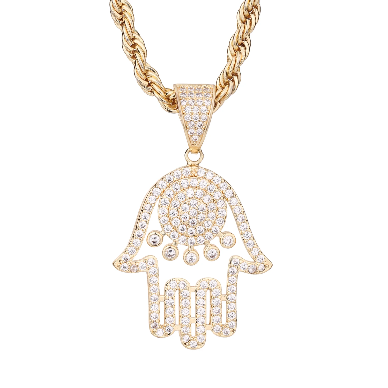 

European and American Hip Hop Diamond Hamsa Evil Eye Pendant Hiphop Necklace Hand of Fatima