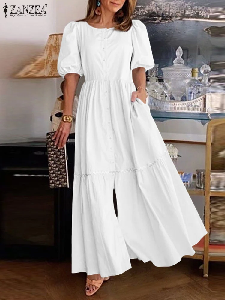 

ZANZEA Women Solid Shirt Dress 2022 Fashion Puff Sleeve Ruffles Sundress Summer Loose Pleated Vestido Lace Patchwork Robo Femme
