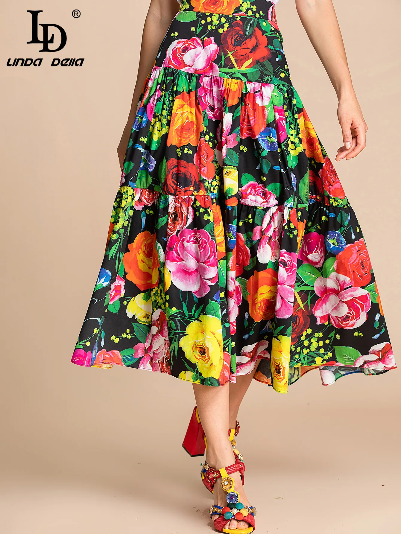 LD LINDA DELLA 2022 Summer Runway Fashion Cotton Skirts Women's Vintage Vacation Floral print Elegant Midi Skirts