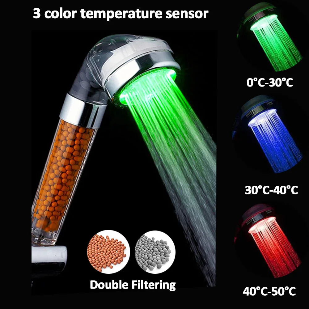 Led Color Changing Mineral Filter Water Saving High Pressure Handheld For Dry Skin And Hair Bathroom Accessories