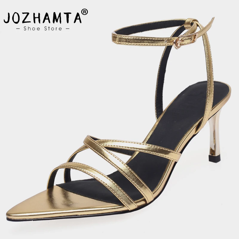 

JOZHAMTA Size 34-39 Heeled Sandals Women Summer 2023 Sexy Thin High Heels Shoes For Women Leather Pointed Toe Party Sandals