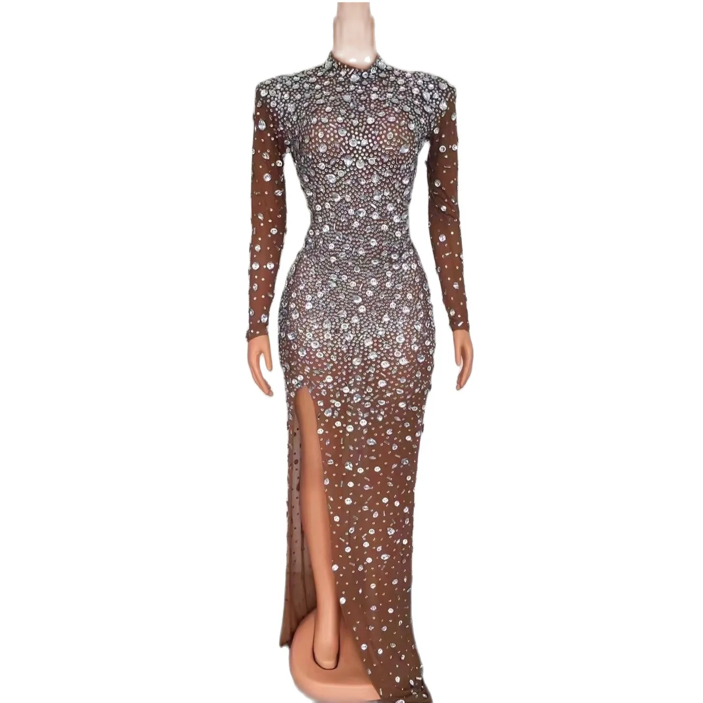 

Brown Red Shining Rhinestones Sexy High Slit Long Dress For Women Ballroom Prom Clothing Evening Banquet Celebrity Wears