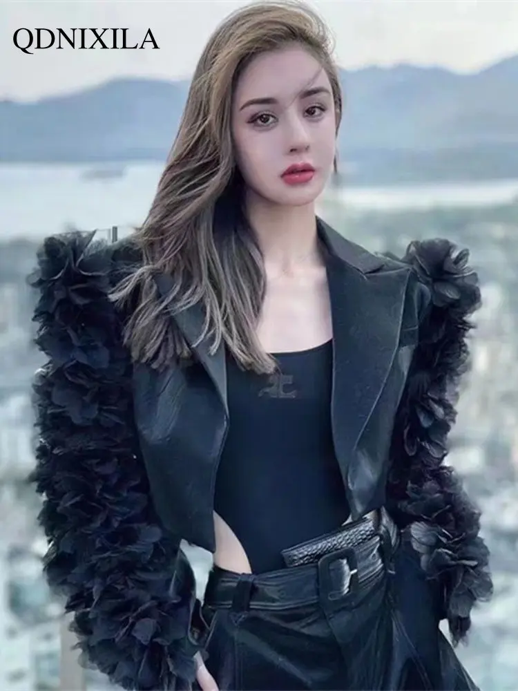 Leather Jacket Women Three-dimensional Flower Short Spring Jacket Women 2023 New Outerwear Women's Fashion Jackets Female Outer