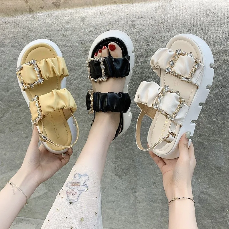 

Босоножки женские на танкетке, сандалии на толстой платформе, туфли с пряжкой, высокий каблук, обувь в римском стиле, абрикосового, черного и...