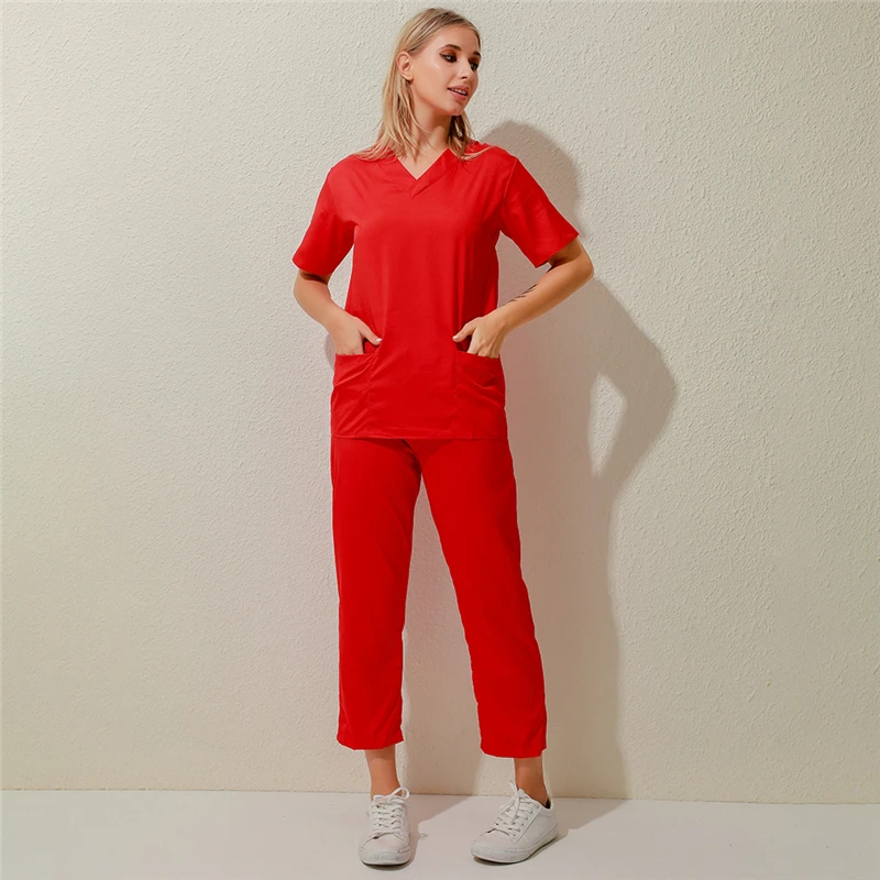 

High Quality Nursing Uniforms Suit Unisex V-Neck Work Clothes Pocket Solid Color Set Short Sleeve Tops Trouser 2Pcs Work Set