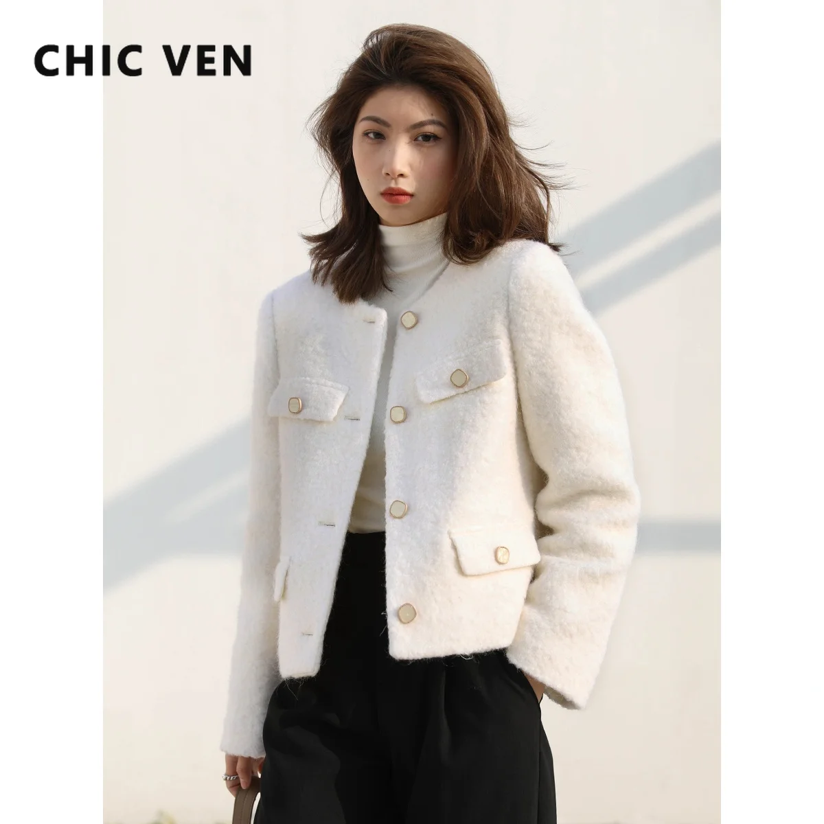 

CHIC VEN New Korean Fashion Women's Wool Blazer Retro Small Sweet Round Collar Quilted Woollen Jacket Thick Warm Winter