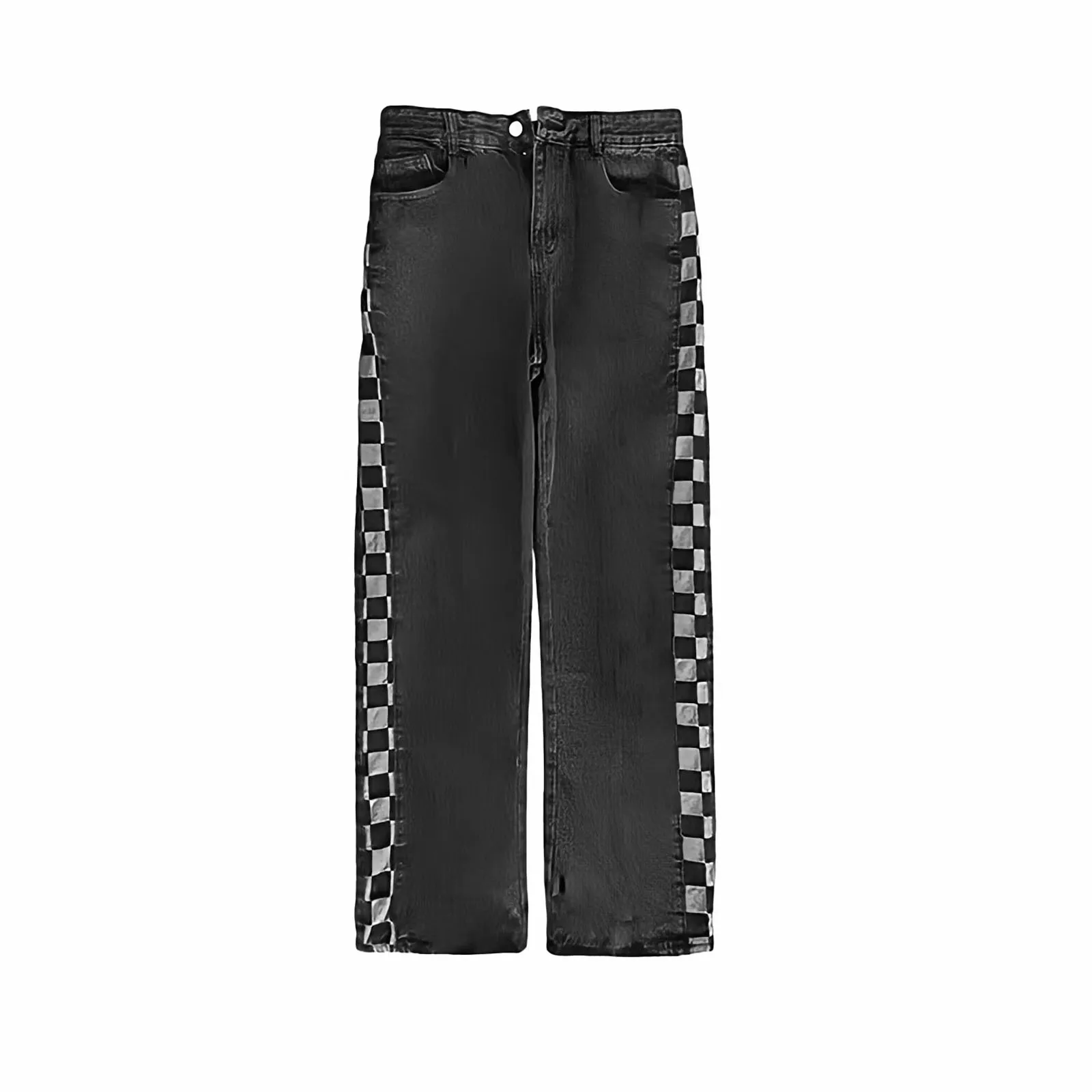 Y2k Streetwear Black Checkerboard Patchwork Jeans For Man Straight Wide Leg Denim Trousers Korean Fashion Baggy Plus Size Pants