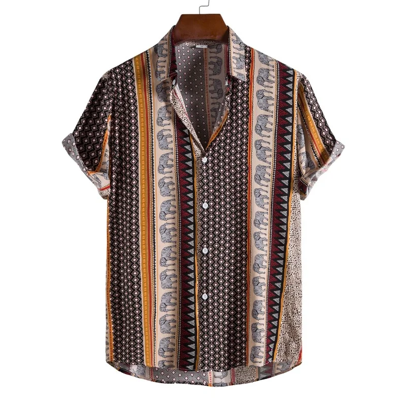 Men Shirt Top Summer Loose Print Cardigan Shirt Men's Casual Short Sleeve Single-Breasted Turn-down Collar Shirt Vacation Shirt