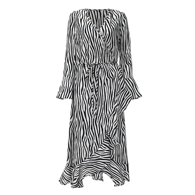 

Womens Chiffon Long Flare Sleeve Midi Dress Vintage Zebra Vertical Stripes Cross Wrap V-Neck Belted Empire Waist Asymmetric U4LF
