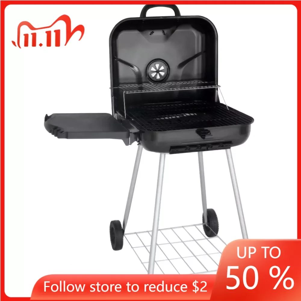 

Квадратный угольный гриль 22 дюйма со складной боковой полкой, черный, гриль для барбекю, портативное угольное барбекю, уличный гриль для барбекю