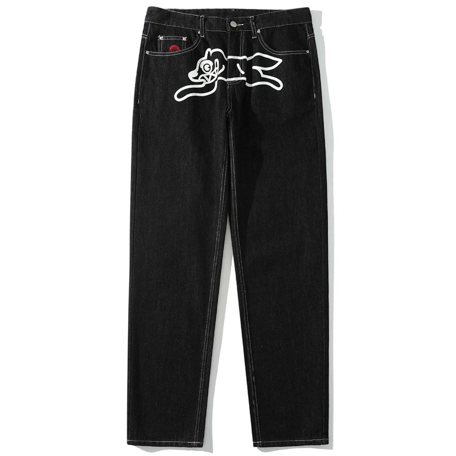 Dog Print Hip Hop Baggy Jeans Men Fashion Casual Loose Straight Denim Pants Black Blue Harajuku Streetwear Y2K Jeans for Man