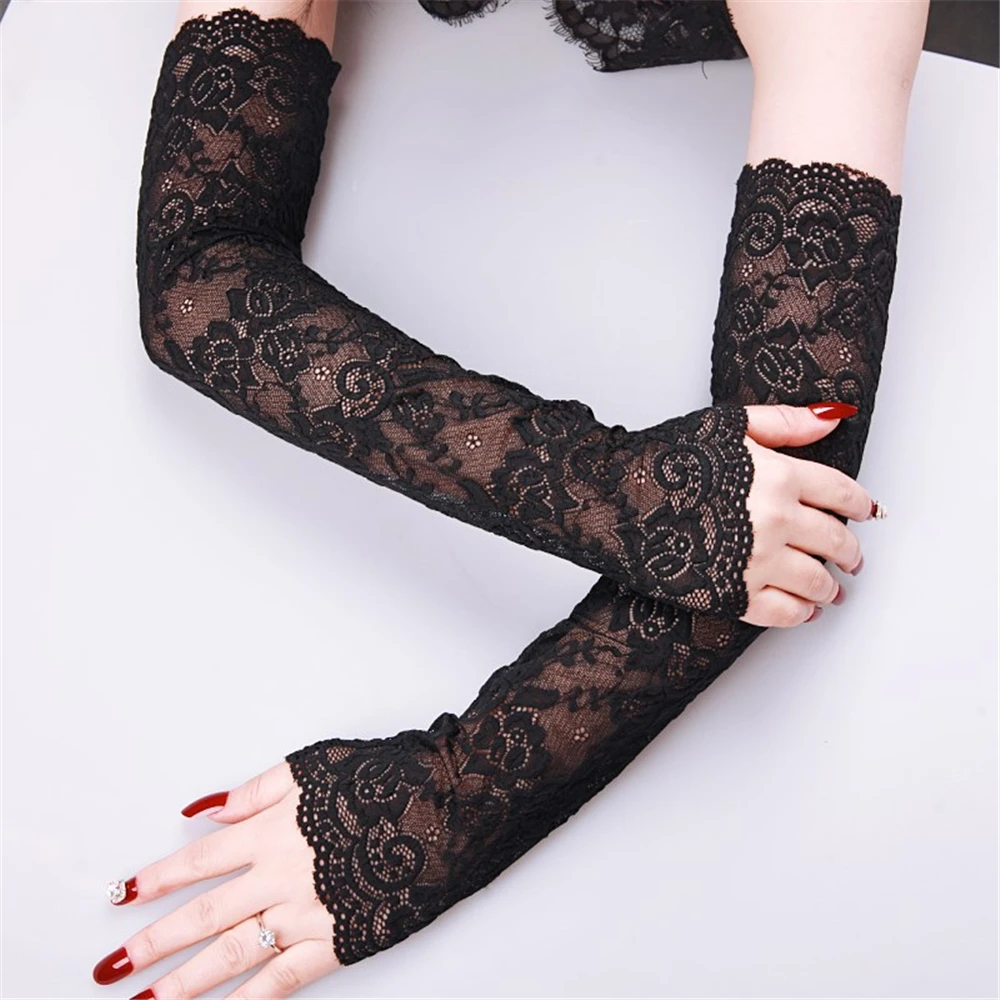 

1 Pair Women Classic Lace Summer Sunscreen Fingerless Driving Gloves Arm Cover Arm Sleeve Mittens Ice Arm Cuffs