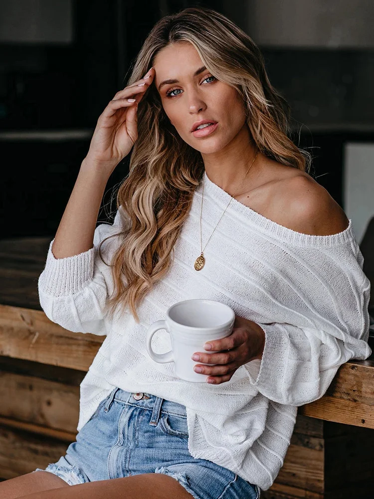 Женские свитера и пуловеры Fitshinling на одно плечо джемпер с рукавом летучая мышь 2022