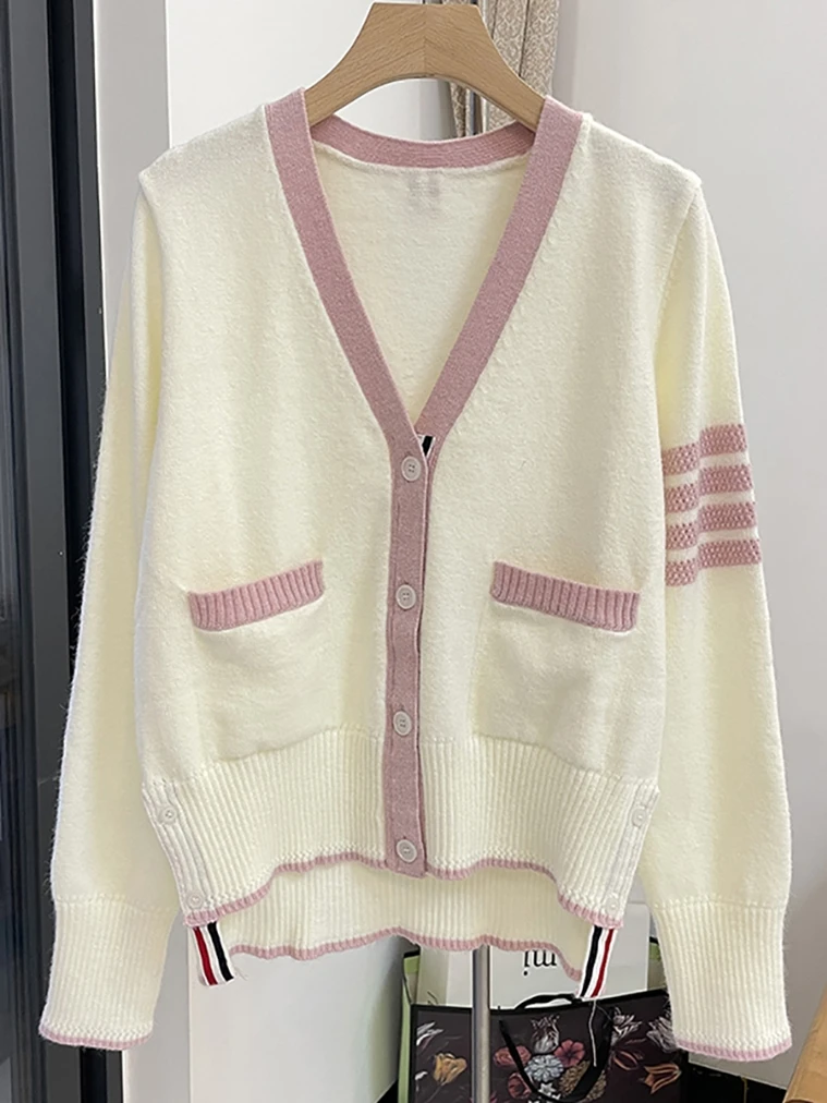 

High Quality TB Autumn and Winter Short Front and Back Long Four Bars Foreign Wool Knitted Cardigan Cardigan Female