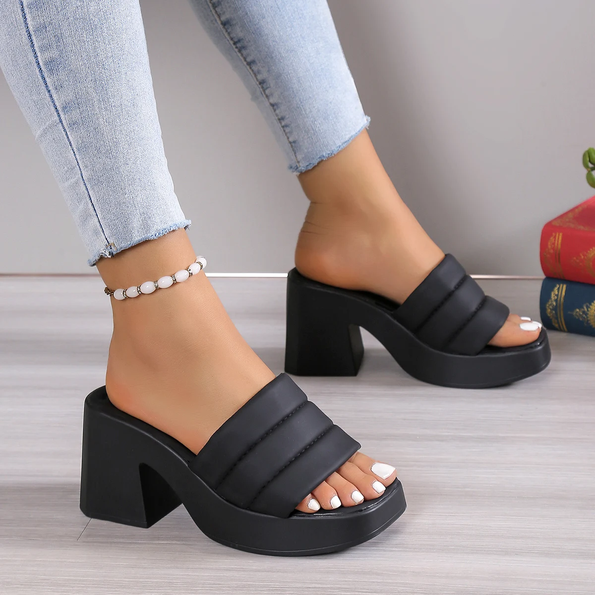 Atikota Elegant Women Platform Slippers Soft PU Leather Peep Toe Thick Sole Female Outdoors Non-slip Casual Beach Heels Sandals