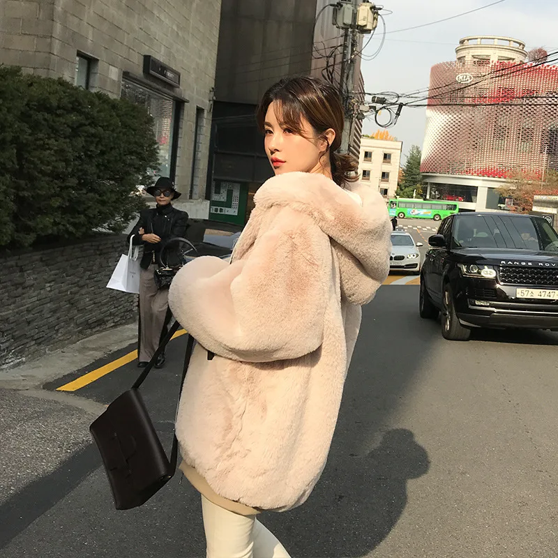2022 Autumn  Winter Korean Fashion of Faux Fur Coat Women Loose Thick Rabbit Fur Plush Long Coat Hooded Y2k Cute Girl Clothes