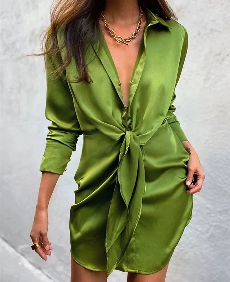 

V-neck Soft Silk Satin Dress Women 2021 Spring Long Sleeve Collect Waist tie knot Mini Short Dress Elegant Lady Office Dresses