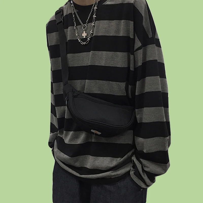 

High Quality 100% Cotton Oversized Striped Men's T-Shirts Fall Winter Loose Long Sleeves Versatile Unisex Tops New Trend Clothes