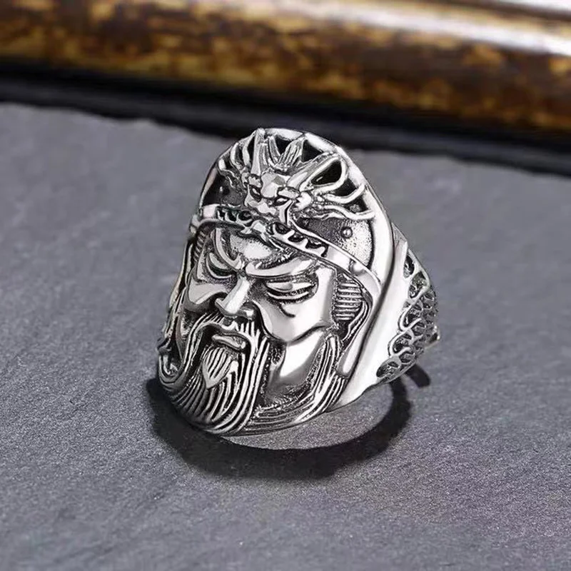 

Ancient Chinese God of War Head Ring Vintage 990 Pure Solid Silver Fine Jewelry for Men Open Adjustable Loyal General Guan Gong