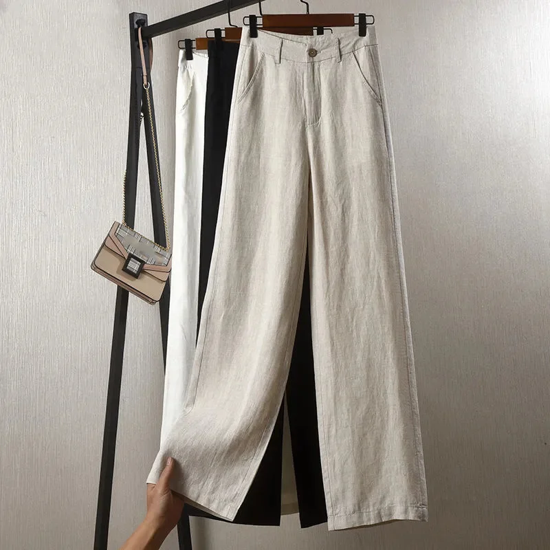 High Waist Wide Leg Pants Women Solid Color Casual Cotton Linen Pants Woman 2022 Summer Vintage Loose Straight Trousers