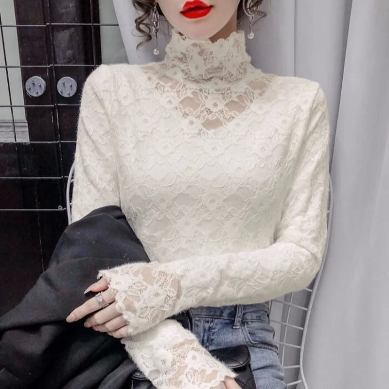 

High-neck lace t shirt put the bottom shirt women's spring foreign slim long-sleeved small shirt Trunk T solid casual t shirt