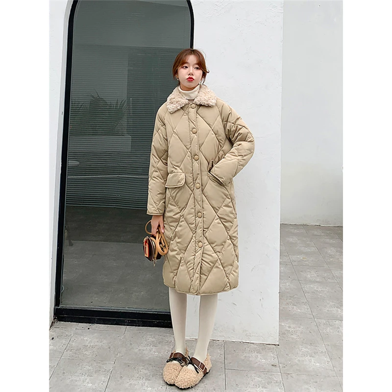 

Winter Women Khaki Lingge Warm Down Clothes Fashion Korean Simplicity Baggy Coat Casual Medium And Long Puffer Padded Outwear