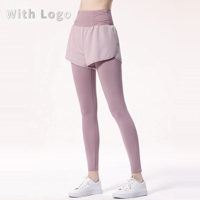 

With Logo Ladies yoga pants high waist buttocks fake two pairs of gym pants gym pants tights gym pants leggings