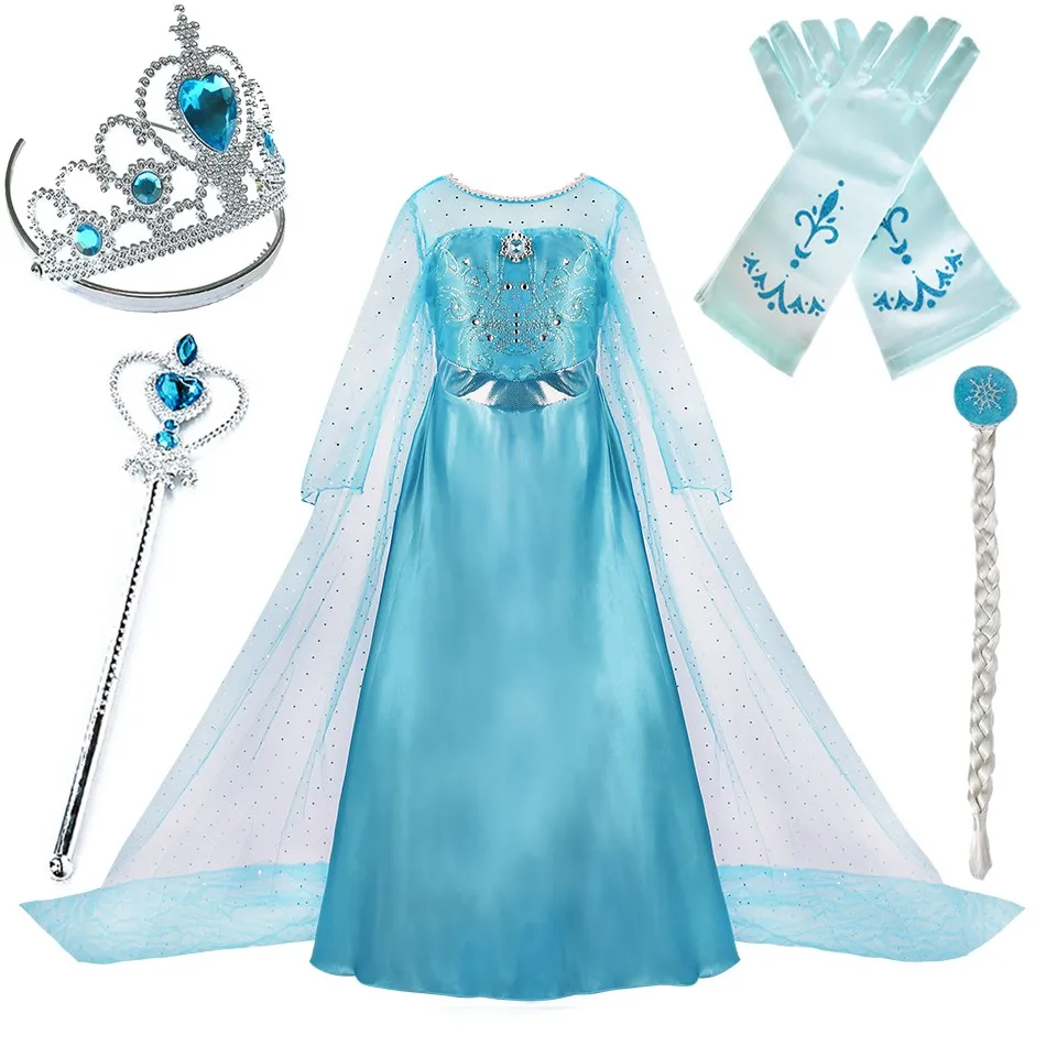 

Children Princess Dress Kids Elsa Cosplay Tulle Cloak Gown Little Girls Frozen Birthday Long Sleeve Carnival Fancy Clothing