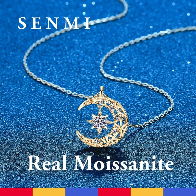 

SENMI 14K Rose Gold Plated Moissanite Diamond Moon Star Pendant Necklace For Women Girls Lovers Mother Luxury Fine Jewelry Gift